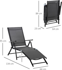 Conjunto de 2 espreguiçadeiras, espreguiçadeira dobrável, encosto ajustável em 7 posições, estrutura em alumínio, 64 x 134 x 95 cm, preto