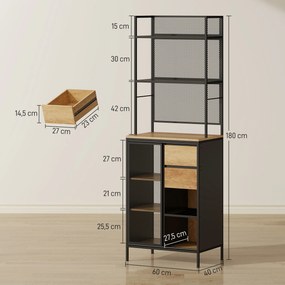 Armário de cozinha 60 x 40 x 180 cm, com porta de correr, gavetas e prateleiras abertas, efeito de madeira natural, preto