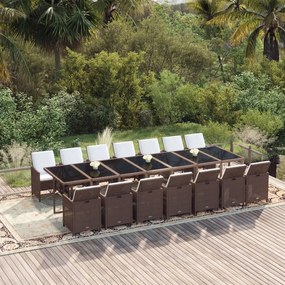 vidaXL 15 pcs conjunto jantar p/ jardim c/ almofadões vime PE castanho
