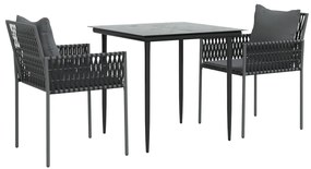 3 pcs conjunto de jantar p/ jardim c/ almofadões vime PE e aço