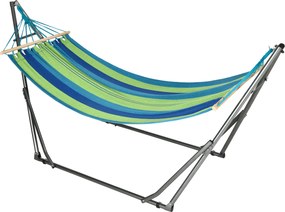 Cama Rede com Suporte Dobrável 2 em 1 Estendal com Barra Estrutura de Aço para Jardim 270x100x94 cm Azul e Verde