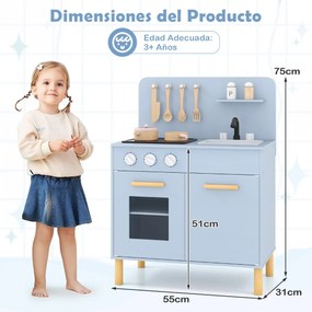 Cozinha de brincar infantil 55 x 31 x 75 cm com luzes, sons, fogão, forno e acessórios de madeira. Presente para crianças com mais de 3 anos. Azul