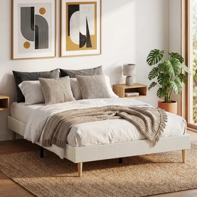 Estrutura de Cama de Casal, 191 x 142 x 31 cm (COLCHÃO NÃO INCLUIDO), Estofada em Veludo Cotelê, Creme