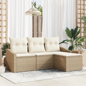 vidaXL Conjunto de Sofá de Jardim de 4 Peças com Almofadas Bege Poliéster Rattan