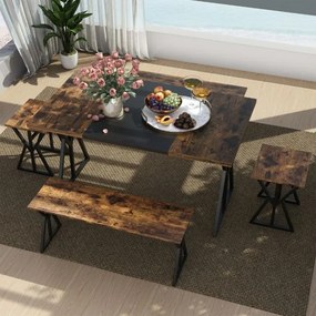Conjunto de sala de jantar de 5 peças para 4-6 pessoas Mesa de cozinha retangular industrial com 2 bancos e 2 bancos altos castanho