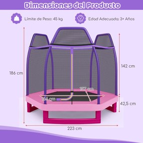 Trampolim para crianças 223 cm com rede de segurança Estrutura de aço Capacidade de carga 150 kg Trampolim para interior e exterior Rosa