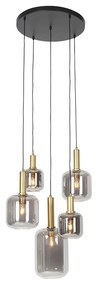 Candeeiro de suspensão preto com dourado e vidro fumê 5 luzes - Zuzanna