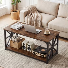 Mesa de centro de estilo industrial 109 x 50 x 48 cm, 2 níveis, prateleira aberta, estrutura metálica, para sala de estar, castanho rustica