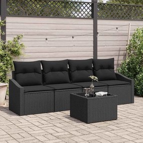vidaXL Conjunto de Sofá de Jardim 5 Peças com Almofadas Preto Rattan PE