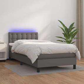 Cama box spring c/ colchão/LED 100x200cm couro artificial cinza