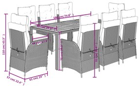 9 pcs conjunto de jantar p/ jardim c/ almofadões vime PE preto