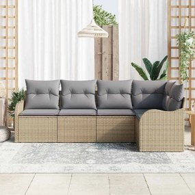 Conjunto de Sofá Jardim de 5 Peças com Almofadas Bege Polirattan