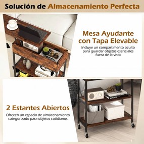 Mesa apoio com tampo elevável, estação de carregamento 60 x 24 x 67,5 cm, rodas, compartimento oculto, estantes abertos, mesa de cabeceira móvel em ca