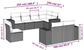 8 pcs conjunto sofás de jardim c/ almofadões vime PE cinzento