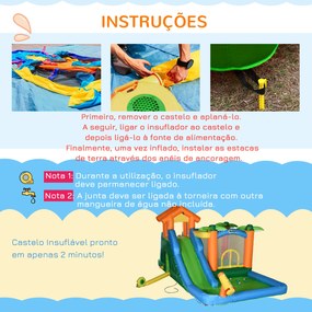 Outsunny Castelo Insuflável com Escorrega Trampolim Piscinas e Pistola de Água para Crianças acima de 3 Anos com Inflador e Bolsa de Transporte para Interior Exterior 550x285x260cm Multicor