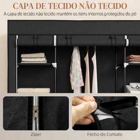 Roupeiro em Tecido com Barra, 10 Prateleiras, Cobertura com Fecho e Estrutura em Aço 150x43x162,5 cm Preto
