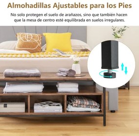 Mesa de centro 110 x 60 x 45 cm de 3 níveis com arrumação com estrutura metálica industrial Estante para sala de estar Castanho rústico