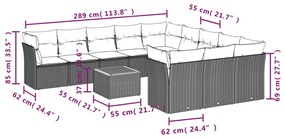 12 pcs conjunto sofás p/ jardim c/ almofadões vime PE cinzento