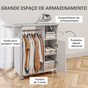 Móvel de Engomar de Madeira com Rodas Barra para Pendurar Roupa Prateleira Aberta e Tábua Dobrável 107x42,5x99 cm Branco