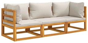 3 pcs conj. lounge de jardim madeira c/ almofadões cinza-claro