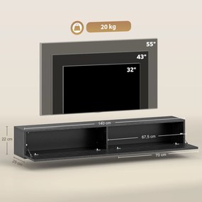 Móvel de TV Suspenso, 140 x 25 x 22 cm, 2 Portas Basculantes, Preto