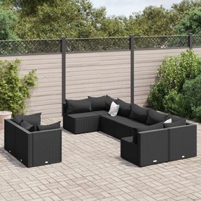 9 pcs conjunto de sofás p/ jardim c/ almofadões vime PE preto