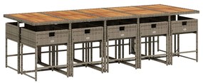 11 pcs conjunto jantar p/ jardim c/ almofadões vime PE cinzento