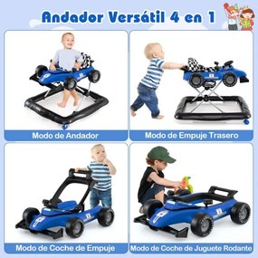 Andarilho para bebés 4 em 1 com altura ajustável em 3 níveis, volante, com assento almofadado e caixa de música azul