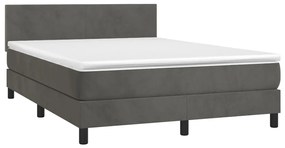 Cama box spring c/ colchão/LED 140x200cm veludo cinzento-escuro