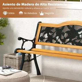 Banco de Jardim com Estrutura Metálica 127,5 cm Fundida e Assento de Madeira Banco Ergonómico para 3 Pessoas para Jardim Pátio Terraço