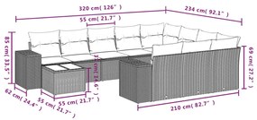 11 pcs conjunto sofás de jardim c/ almofadões vime PE bege