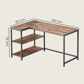 Secretária com espaço de arrumação, em L 120 x 80 x 76 cm, prateleira ajustável em altura castanha