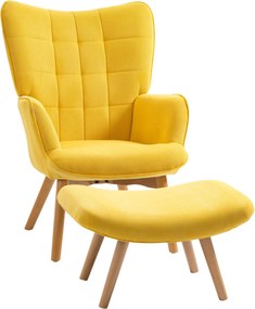 HOMCOM Poltrona de destaque com otoman, Poltrona relax em veludo cotelê, Poltrona com apoios de braço e pernas de madeira, para sala de estar, Amarelo | Aosom Portugal