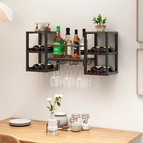 Garrafeira de parede 89 x 25 x 40 cm para vinho com suportes para garrafas, suportes para copos, prateleiras abertas, estrutura metálica, estilo indus