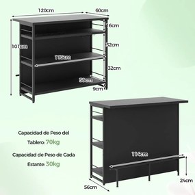 Mesa de bar alta de cozinha 4 níveis com 3 Estantes Prateleiras para vinhos Ilha de cozinha 120 x 60 x 101 cm Preto