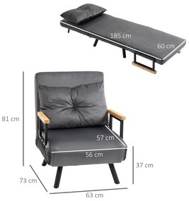 Poltrona Convertível em Cama Poltrona 3 em 1 Convertível em Cama com Encosto Ajustável em 5 Níveis 63x73x81 cm Cinza