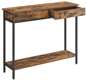 Mesa consola com 2 gavetas e estrutura de aço 100 x 30 x 80 cm castanho vintage e preto