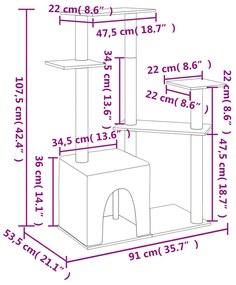 Árvore gatos c/ postes arranhadores sisal 107,5 cm cinza-escuro