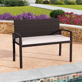 Banco jardim de vime para 2 pessoas 10 x 56 x 84 cm com almofada acolchoada, assento macio, encosto e apoios para os braços - castanho e brancoi