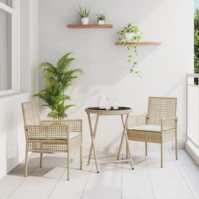 Conjunto de Bistro de Jardim 3 Peças com Almofadas Bege em Rattan Poliéster