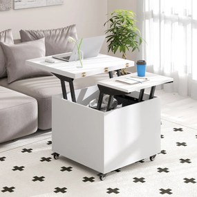 Mesa de Centro Elevável e Dobrável, 60 x 60 x 50 cm, Arrumação Oculta, Branco
