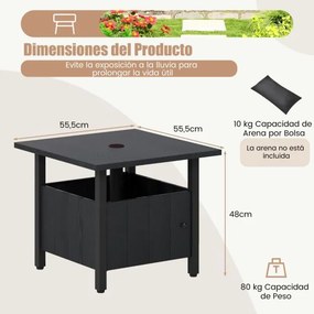 Mesa auxiliar Jardim 55,5 x 55,5 x 48 cm com orifício para guarda-sol com 2 sacos para areia e almofadas ajustáveis para pés para pátio ou terraço Pre