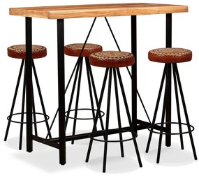 vidaXL Conjunto de bar 5 pcs em madeira acácia, couro genuíno e lona