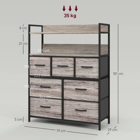 Cómoda com 7 gavetas em tecido, dobráveis e removíveis 79 x 29 x 101 cm, e prateleiras abertas, cinzenta