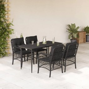 5 pcs conjunto de jantar p/ jardim c/ almofadões vime PE preto