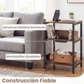 Mesa apoio de 3 níveis 40 x 30 x 61 cm com estação de carregamento USB e tomadas estilo industrial para sala e quarto Castanho Rústico e Preto