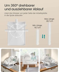 Escorredor de pratos (31-56) x 42 x 20 cm com tapete de silicone e ralo, branco mate-cinza