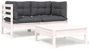 3 pcs conjunto lounge jardim c/ almofadões pinho maciço branco