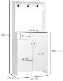 Móvel Cabide de Entrada com 3 Ganchos 2 Portas e Prateleiras Ajustáveis para 12 Pares de Sapatos 80x32x180 cm Branca