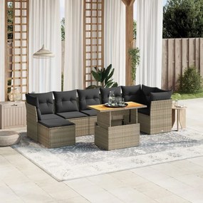 8 pcs conjunto sofás de jardim c/ almofadões vime PE cinzento